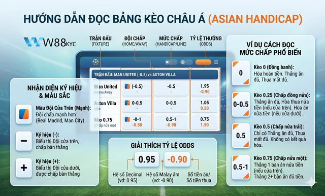 Hướng dẫn cách đọc bảng tỷ lệ kèo Châu Á tại W88 Teipro